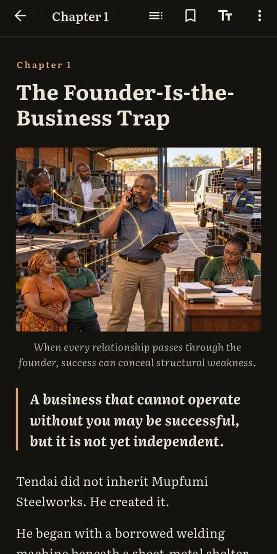 Chapter 1, The Founder-Is-the-Business Trap, opening with an illustration of a busy family workshop.