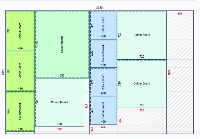 OptiBoard sheet layout for a 2750 by 1840 mm board: colour-coded, dimensioned parts with offcuts and waste marked.