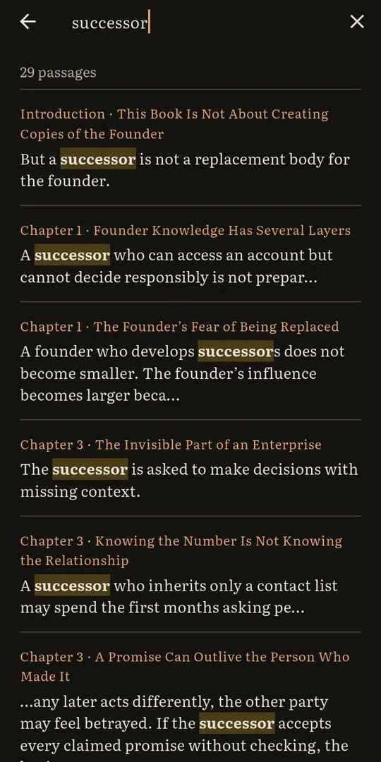 Search results for the word successor, showing 29 matching passages across chapters.