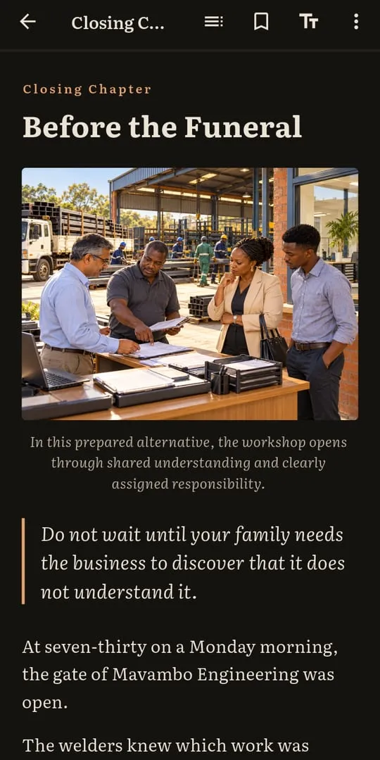The closing chapter, Before the Funeral, with an illustration of a team reviewing documents in a workshop.