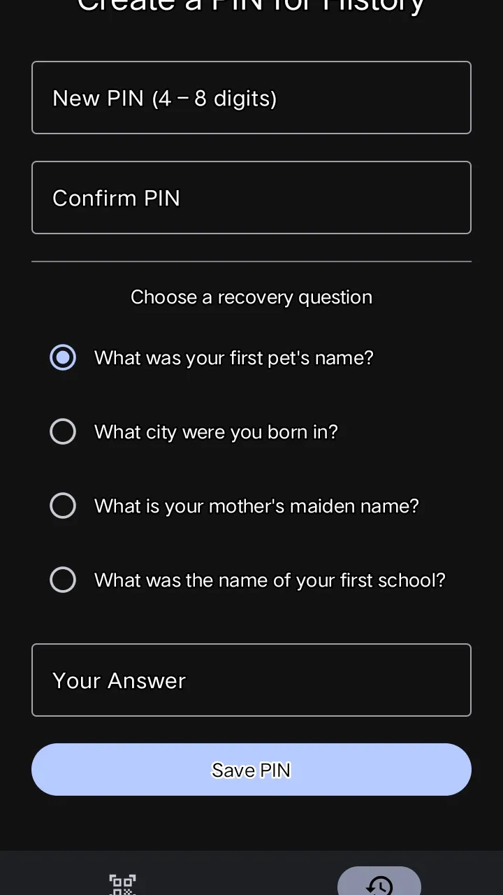 Screen for creating a PIN that protects the recharge history, with a recovery question.